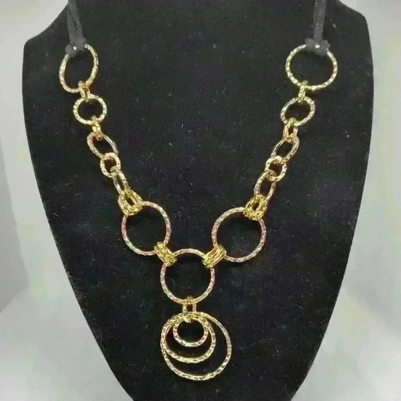 Lia Sophia Black Leather & Hammered Gold Cascading Circles Necklace EUC - Picture 1 of 2